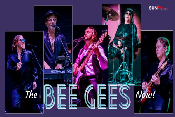 Five musicians perform on stage with instruments, wearing dark clothes and sunglasses. The text reads “The BEE GEES Now!” with a purple background and the Sun Events logo in the corner. South Florida Business & Wealth