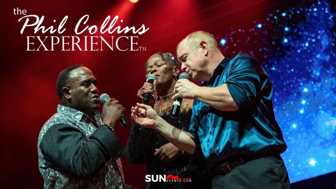 Three singers perform together on stage under red and blue lights, with “The Phil Collins Experience” text above them and a starry background behind. South Florida Business & Wealth
