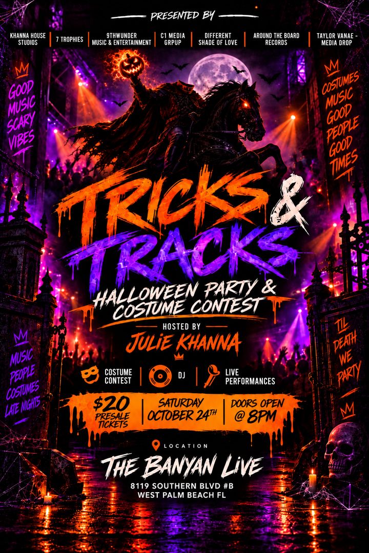Halloween party and costume contest poster with a haunted house, pumpkins, skeletons, and neon text advertising “Tricks & Tracks” at The Banyan Live in West Palm Beach, Florida, on October 24th. South Florida Business & Wealth