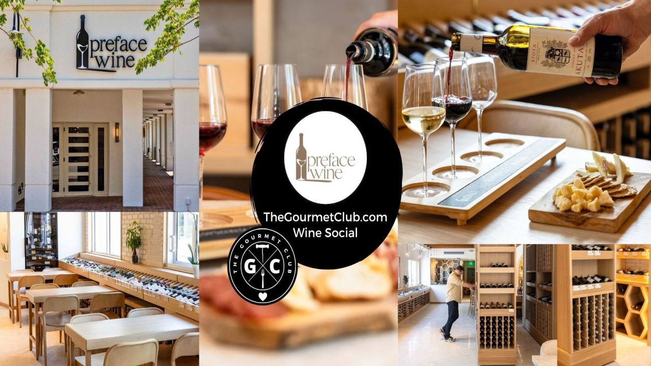 Collage of a wine bar with tables, wine racks, wine glasses with cheese, and branded signs for Preface Wine and The Gourmet Club. A person selects a bottle from shelves in a bright, modern space. South Florida Business & Wealth