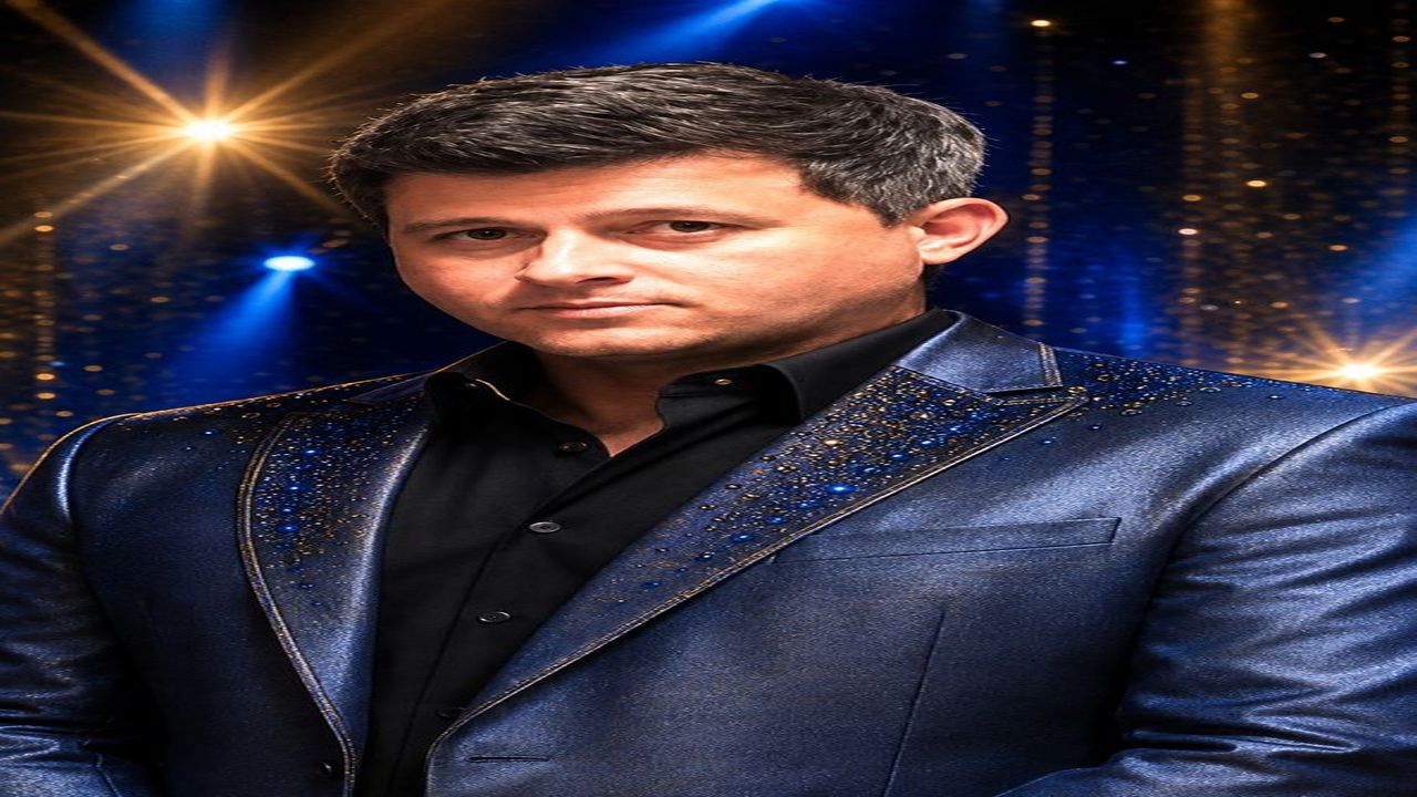 A man in a shiny blue suit with glittery details stands against a background of blue and gold stage lights, looking seriously at the camera. South Florida Business & Wealth