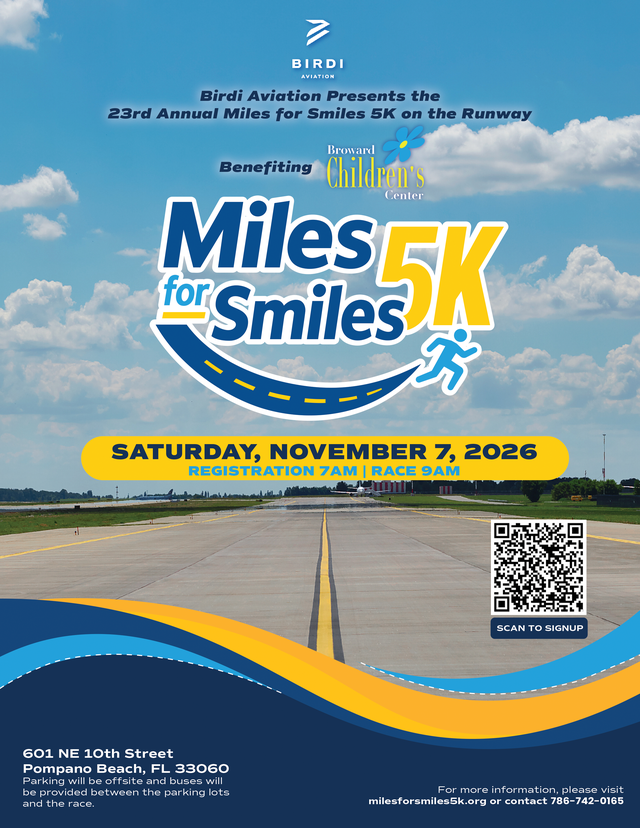 A race flyer for the 23rd annual “Miles for Smiles 5K” on November 7, 2026, in Pompano Beach, FL, with event details, a runway image, and a QR code for signup. South Florida Business & Wealth