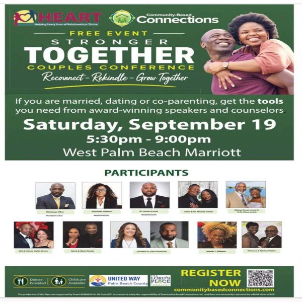 Flyer for a free couples conference on Sept 19, 5:30–9pm, at West Palm Beach Marriott. Features smiling couples and photos of participants. Event is for married, dating, or co-parenting couples to receive tools and support. South Florida Business & Wealth