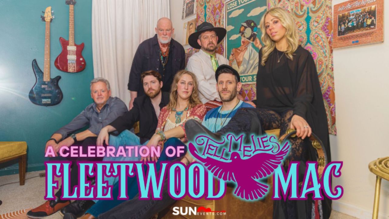 Seven people pose in a colorful room with guitars on the wall. The text reads: “A Celebration of Fleetwood Mac” with a purple bird graphic and “Sun Events” logo at the bottom. South Florida Business & Wealth