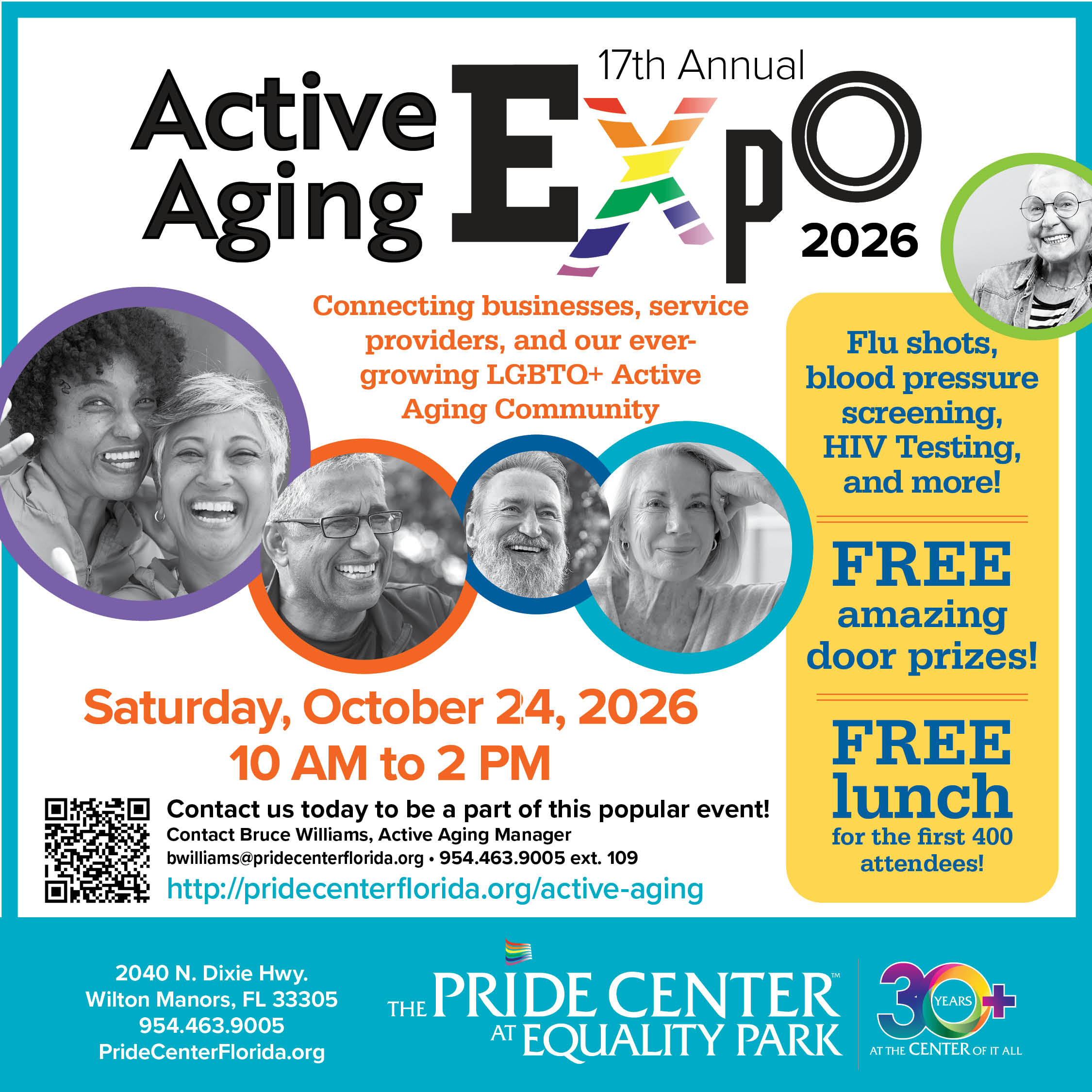 Colorful flyer for the 17th Annual Active Aging Expo 2026 at The Pride Center, October 24, 10 AM–2 PM, with info on free lunch, door prizes, screenings, and event details. South Florida Business & Wealth