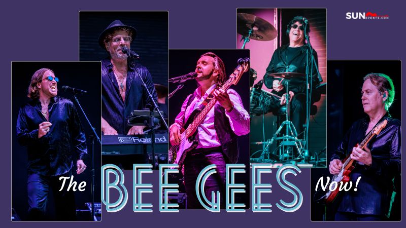 Five musicians perform on stage under colorful lights with instruments. Text reads “The BEE GEES Now!” and “SUN.” Musicians wear dark outfits and sunglasses, evoking the style of the original Bee Gees band. South Florida Business & Wealth