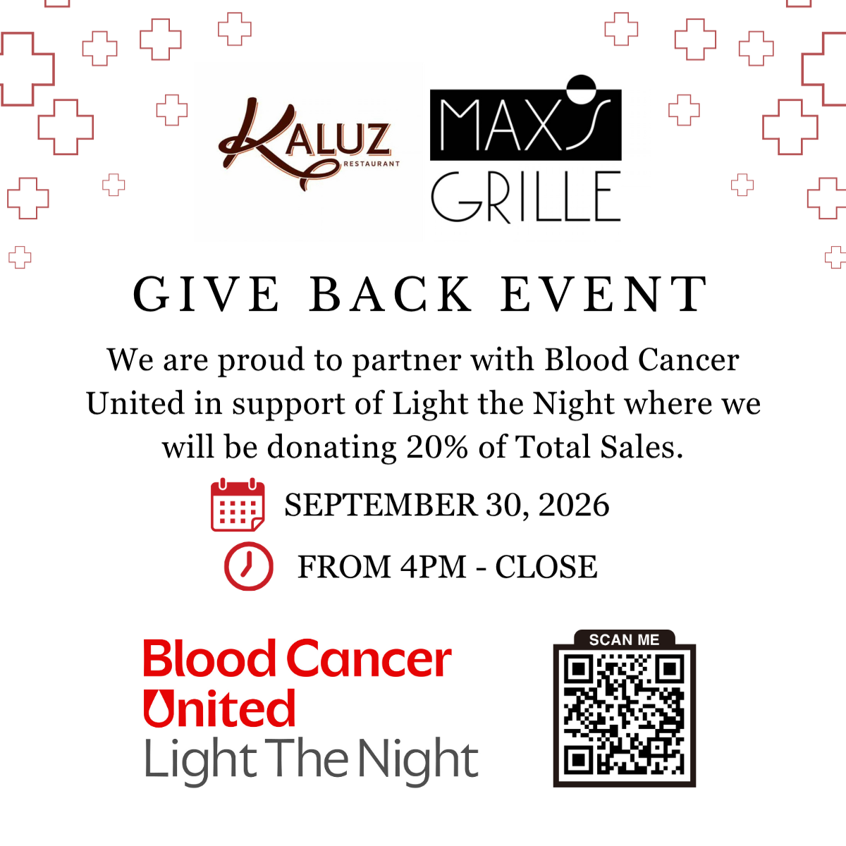 Kaluz and Max’s Grille logos above text about a Give Back Event supporting Blood Cancer United’s Light the Night, donating 20% of sales on September 30, 2026, from 4pm to close. Includes a QR code. South Florida Business & Wealth
