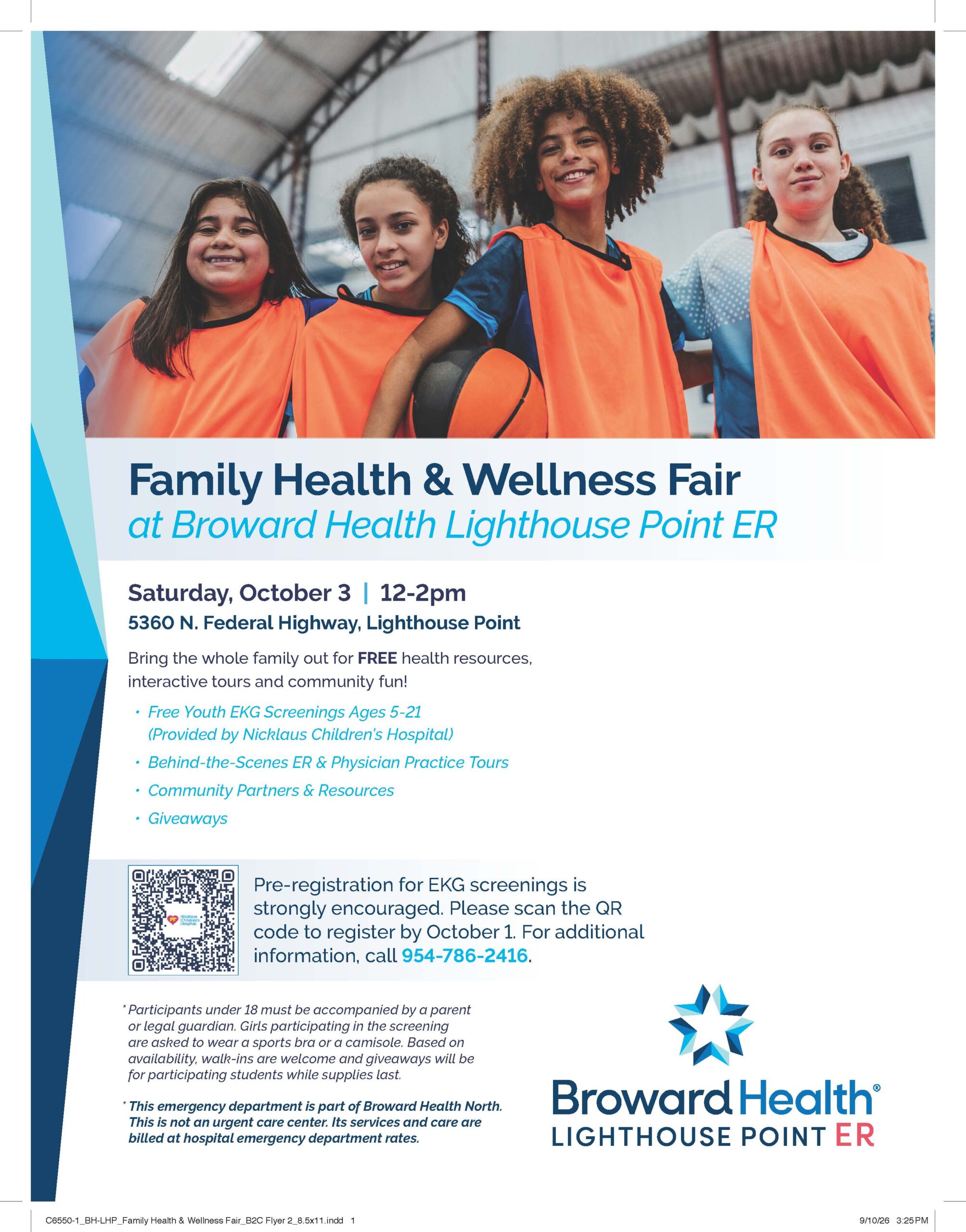 Flyer for a Family Health & Wellness Fair at Broward Health Lighthouse Point ER on Oct 3, 12-2pm, with free screenings, resources, community partners, and giveaways. Includes contact info and a QR code for EKG pre-registration. South Florida Business & Wealth