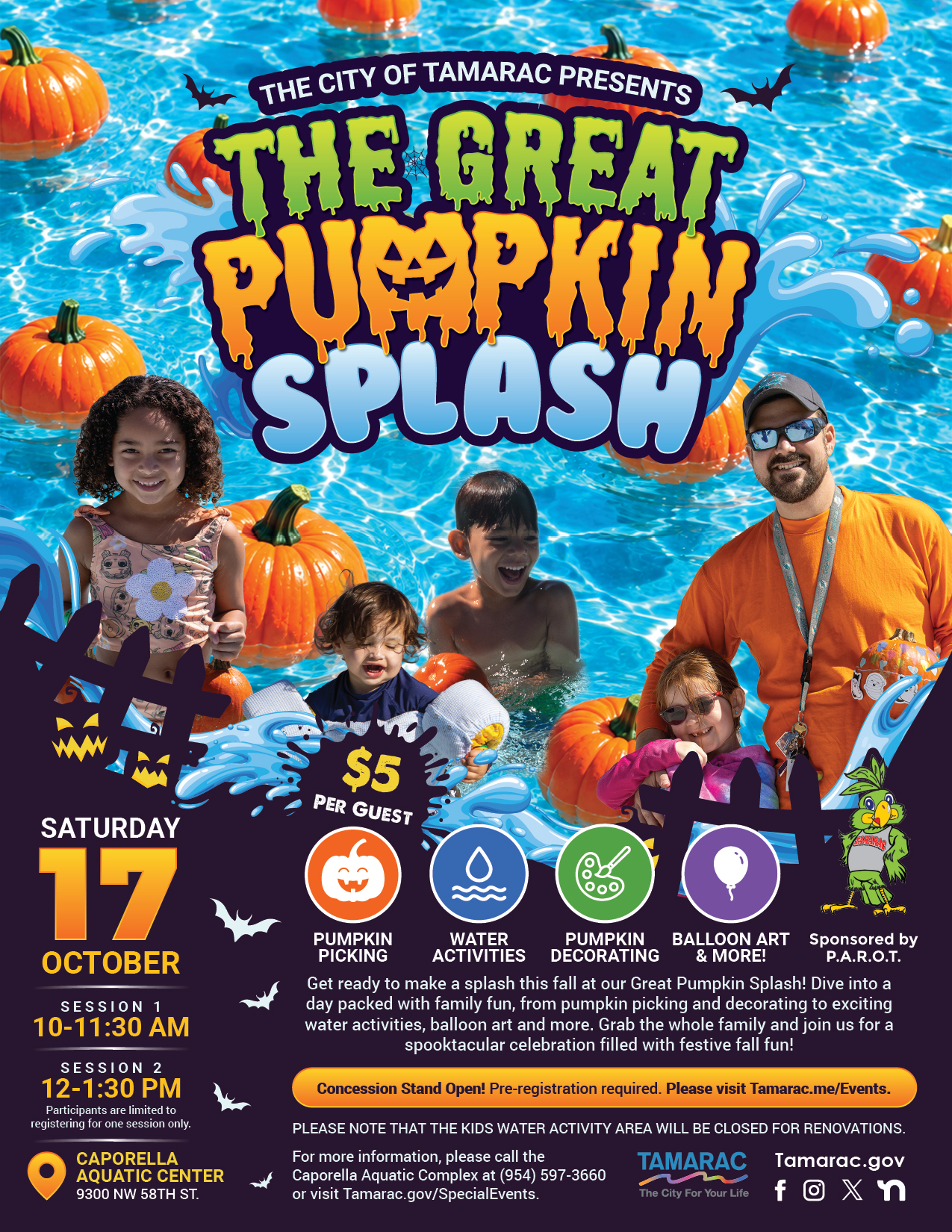 Colorful flyer for “The Great Pumpkin Splash” event with a family, pumpkins, water activities, and details for October 17 at Caporella Aquatic Center. $5 per guest, featuring pumpkin picking and crafts. South Florida Business & Wealth