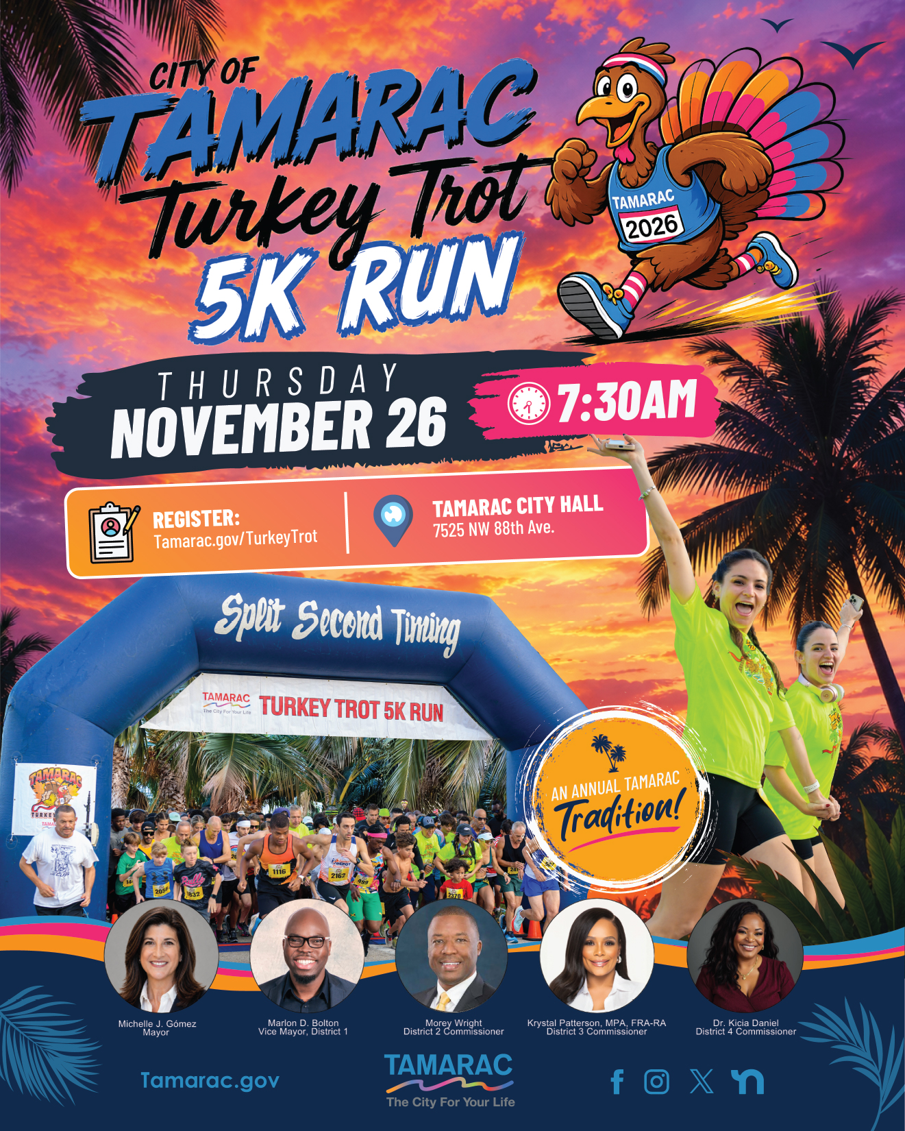 Colorful flyer for the City of Tamarac Turkey Trot 5K Run on Nov 28, 7:30 AM, at Tamarac City Hall. Includes event details, a cartoon turkey, race arch, group photo, and smiling runners in green shirts. South Florida Business & Wealth