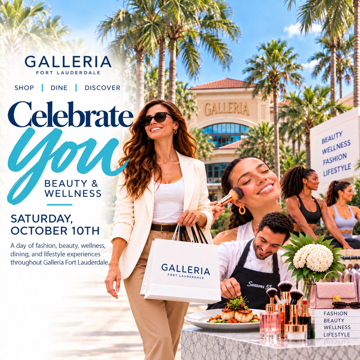 A stylish woman in sunglasses smiles holding a shopping bag at Galleria Mall. Nearby, a woman gets her makeup done. Palm trees, blue sky, and promotional text about a beauty and wellness event fill the scene. South Florida Business & Wealth