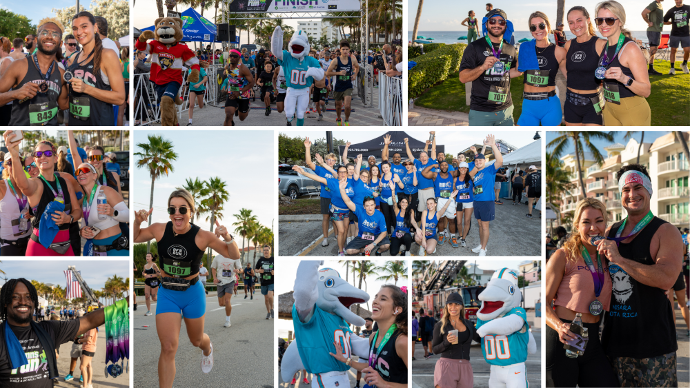 Collage of people running, celebrating, and posing with medals at a sunny outdoor race event, with some dressed in colorful race outfits and mascots included among the cheerful participants. South Florida Business & Wealth