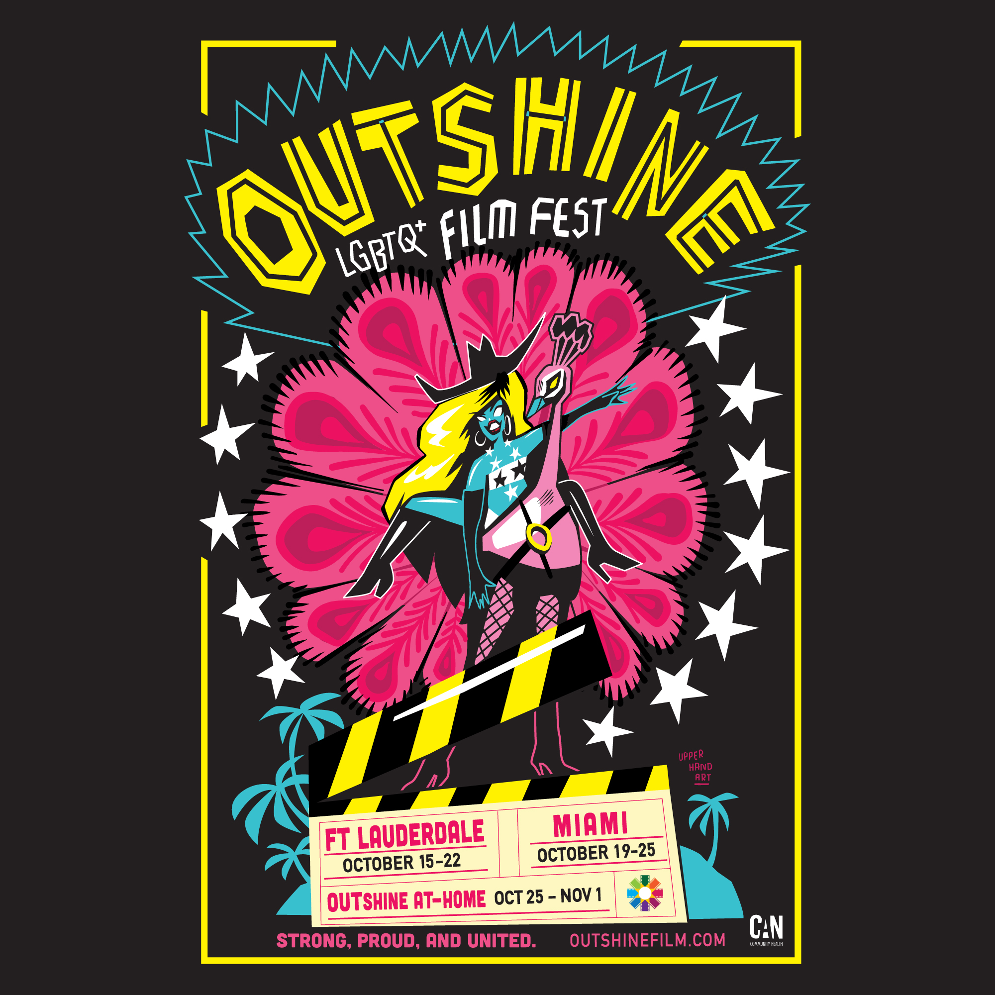 Poster for OUTSHINE LGBTQ+ Film Festival showing a superhero in front of a pink burst, event dates for Fort Lauderdale, Miami, and online, with the slogan “Strong, Proud, and United.”. South Florida Business & Wealth