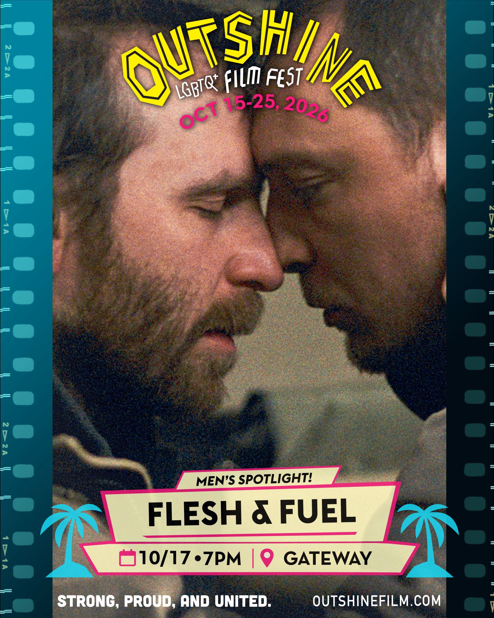 Two men with beards and closed eyes touch foreheads intimately. Text promotes “Outshine LGBTQ+ Film Fest,” featuring “Flesh & Fuel” on 10/17 at 7PM, with palm trees framing the film’s title. South Florida Business & Wealth