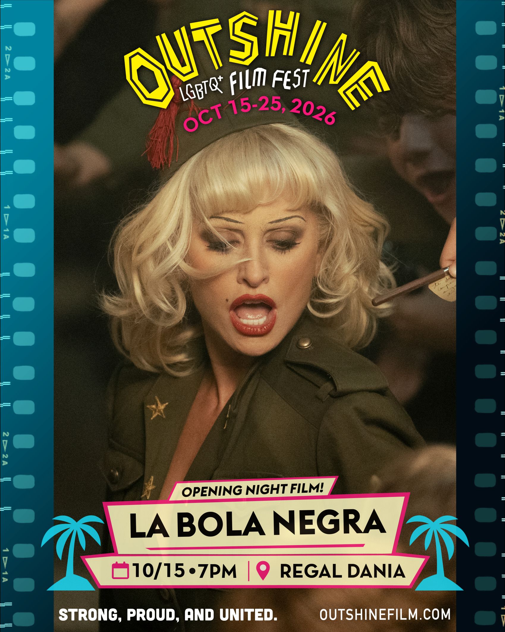 A blonde person in dramatic makeup and green attire sings passionately at the OUTshine LGBTQ+ Film Fest, promoting “La Bola Negra” opening night on October 15, 2026, 7 PM at Regal Dania. South Florida Business & Wealth