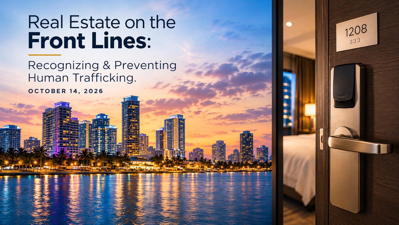 A hotel door partly open to a city skyline at sunset; text reads “Real Estate on the Front Lines: Recognizing & Preventing Human Trafficking. October 14, 2026.”. South Florida Business & Wealth