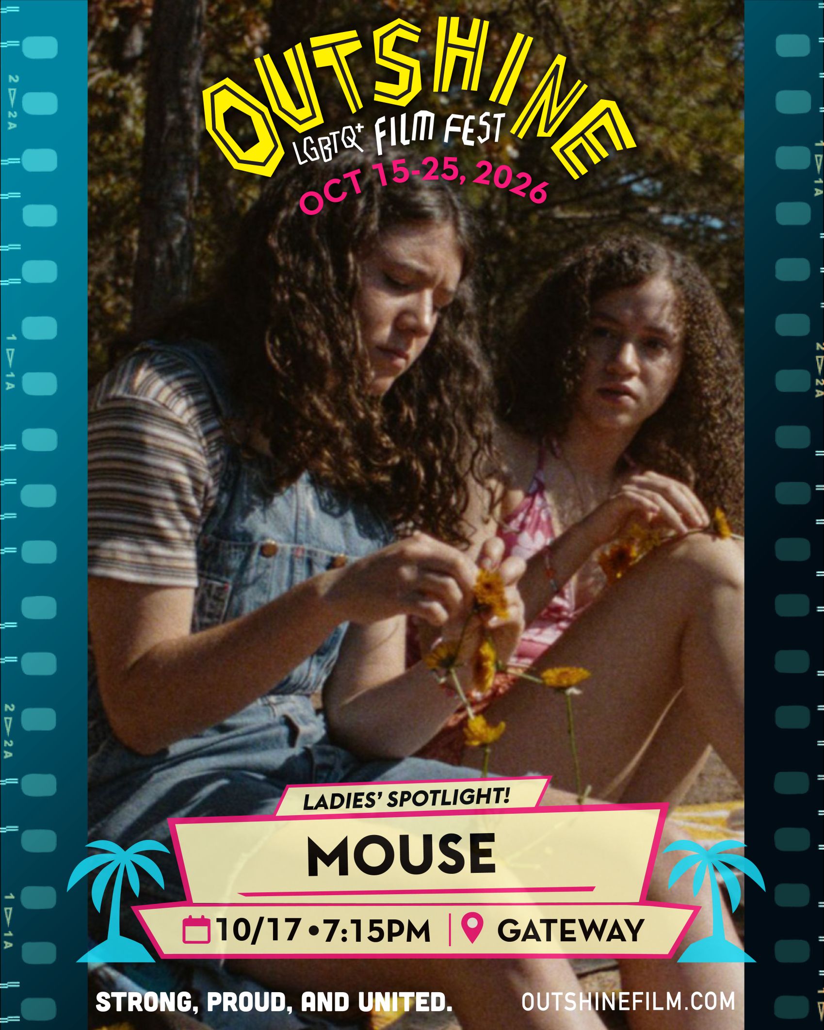 Two girls sit outside on grass, one braiding a dandelion chain. The poster reads “OUTSHINE LGBTQ+ Film Fest, Oct 15-25, 2026.” Below: “Ladies’ Spotlight! Mouse, 10/17 • 7:15 PM • Gateway.”. South Florida Business & Wealth