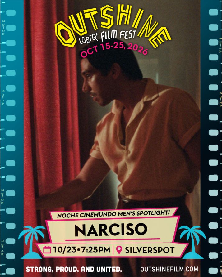 A person in a tan shirt looks out from behind red curtains. The image promotes OUTshine LGBTQ+ Film Fest, Oct 15-25, 2026, with a screening of “Narciso” on 10/23 at 7:25PM at Silverspot. South Florida Business & Wealth