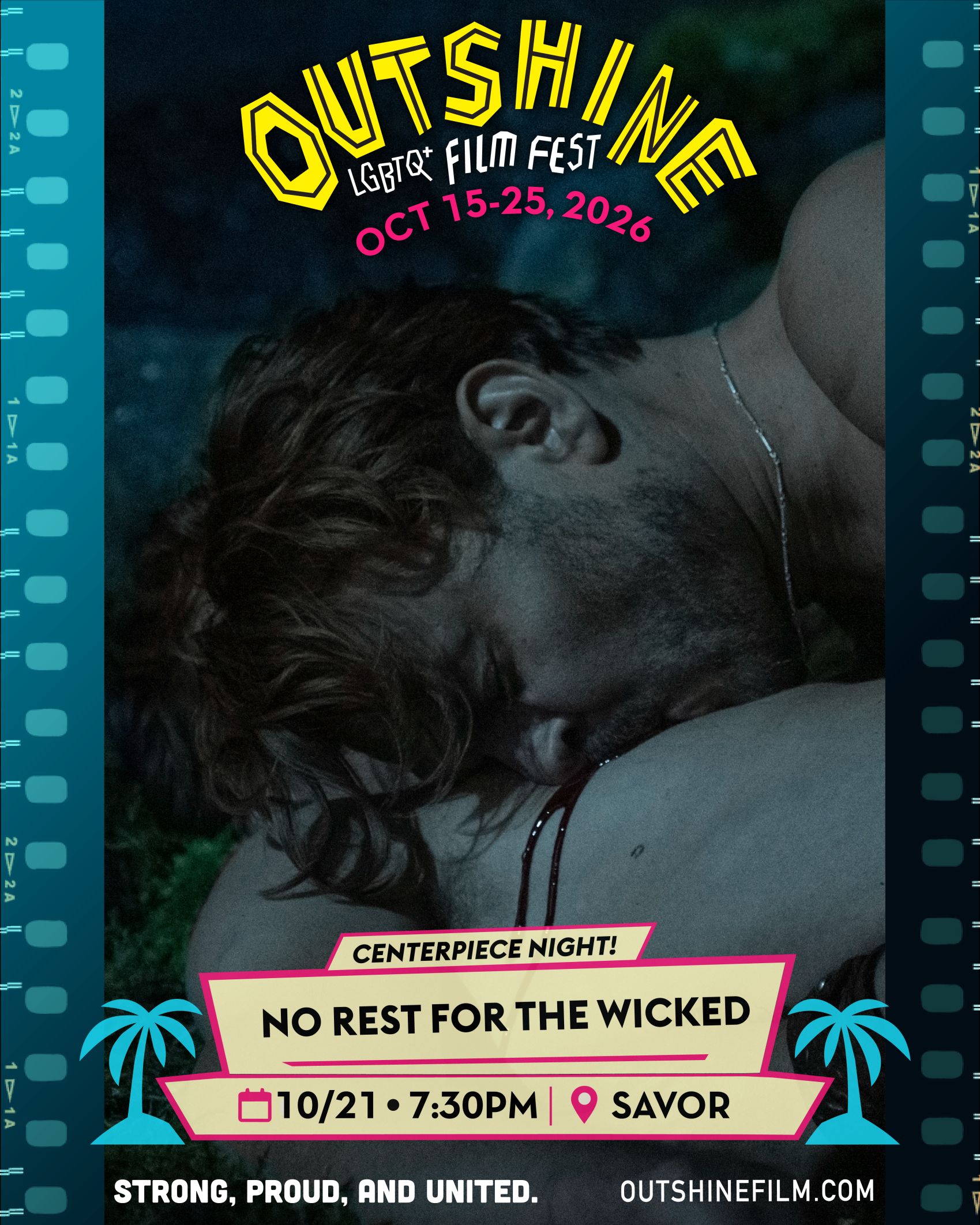 A movie poster for OUTshine LGBTQ+ Film Fest 2026 features two people embracing closely and announces the film “No Rest for the Wicked” as the Centerpiece Night on 10/21 at 7:30 PM at Savor. South Florida Business & Wealth