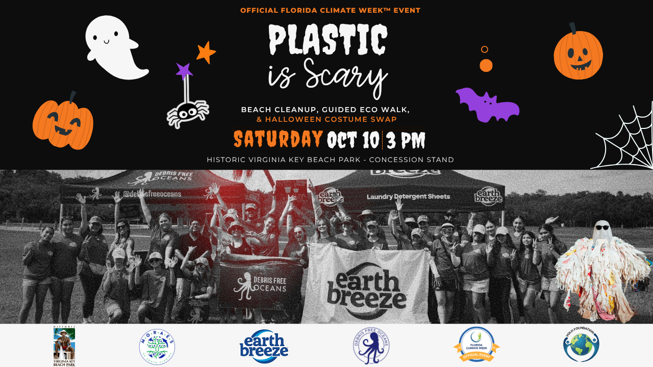 Halloween-themed event flyer for “Plastic is Scary”: beach cleanup, eco walk, and costume swap on Oct 10, 3 PM at Virginia Key Beach Park. Features group photo, logos, pumpkins, bats, ghost, and spooky graphics. South Florida Business & Wealth