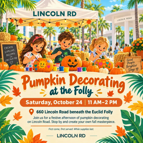 Three children decorate pumpkins at an outdoor craft table. Bright fall decorations, pumpkins, and a sign for a pumpkin decorating event on Lincoln Road are visible. Palm trees and sunny weather complete the festive scene. South Florida Business & Wealth
