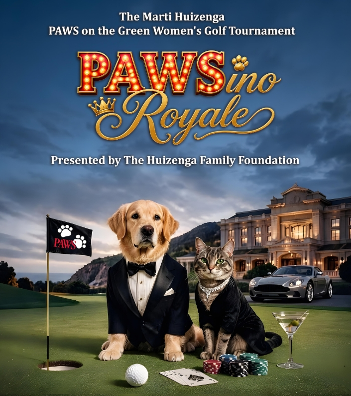 A dog in a tuxedo and a cat in a dress sit at a poker table on a golf course, with chips, cards, and a martini glass. A mansion is in the background. Text reads “PAWSino Royale” and mentions a women’s golf tournament. South Florida Business & Wealth