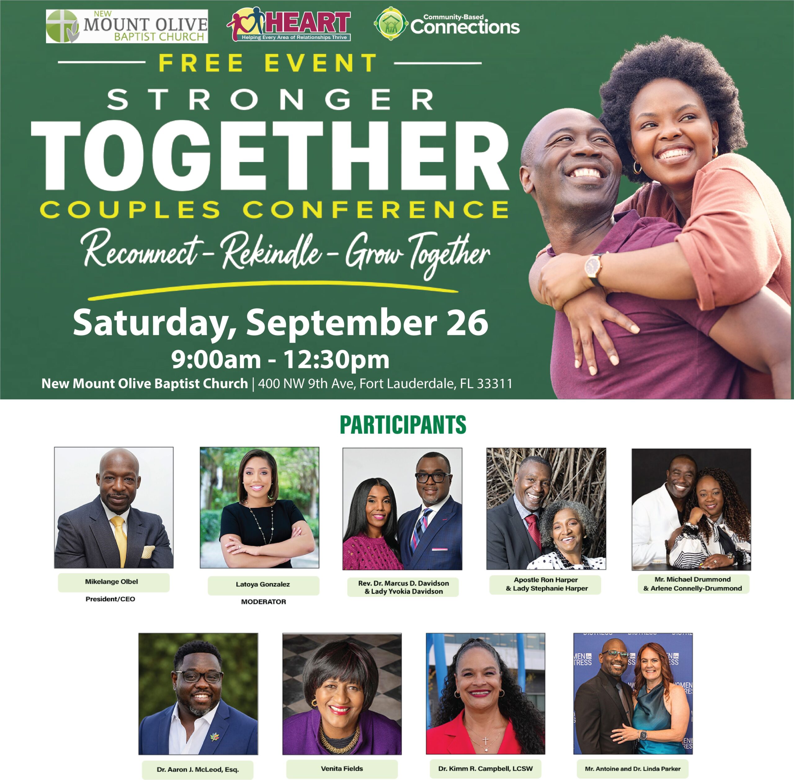 Flyer for a couples conference with smiling couples, event details, and headshots of participants. Event is Saturday, September 26, 9am-12:30pm at New Mount Olive Baptist Church, Fort Lauderdale, FL. South Florida Business & Wealth