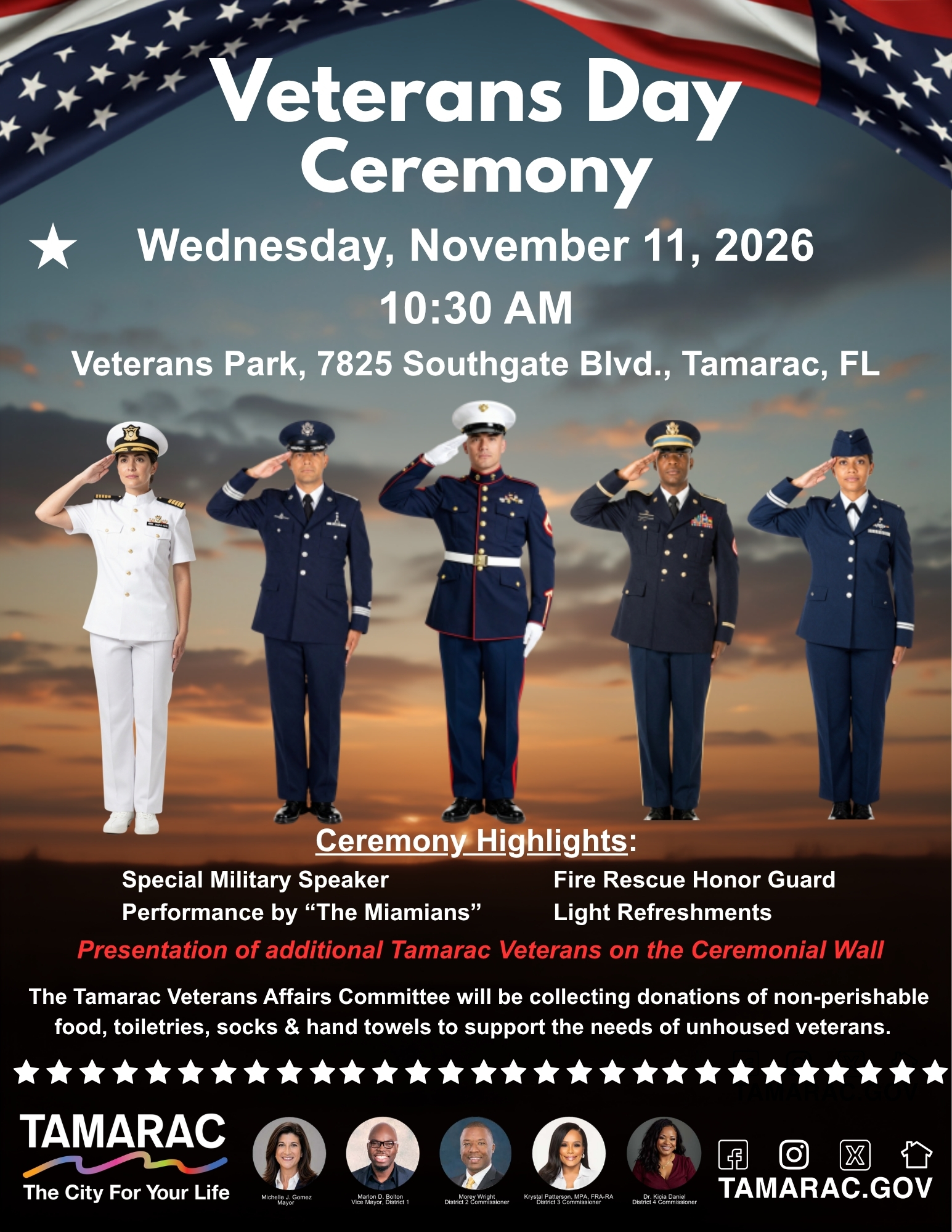 Flyer for a Veterans Day Ceremony on Nov 11, 2026, at 10:30 AM in Tamarac, FL, featuring photos of military personnel saluting, ceremony highlights, and event details at Veterans Park. South Florida Business & Wealth
