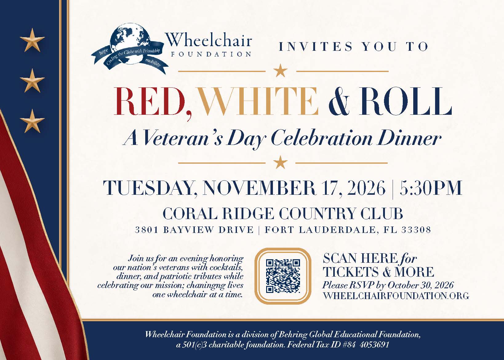 Event invitation for “Red, White & Roll: A Veteran’s Day Celebration Dinner” on November 17, 2026, with American flag draped at the side and QR code for tickets. Hosted by the Wheelchair Foundation. South Florida Business & Wealth