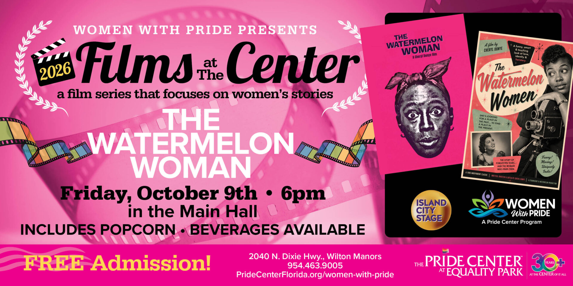 Promotional banner for a film event showing “The Watermelon Woman” on October 9th at 6pm, with free admission, popcorn, and drinks at The Pride Center, featuring a film poster and event details. South Florida Business & Wealth