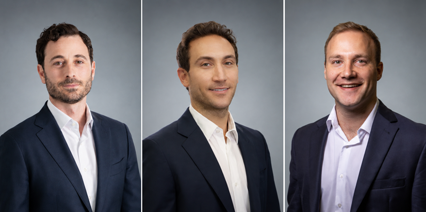 Three men in business suits pose against a plain gray background, each facing the camera in individual portrait frames, all wearing white shirts and dark jackets, with neutral to slight smiles. South Florida Business & Wealth