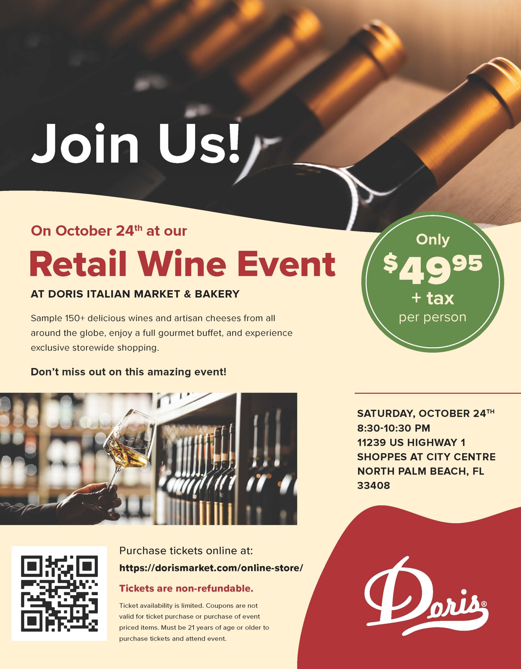 A flyer for a Retail Wine Event at Doris Italian Market on October 24th. $49.95 plus tax, features wine, cheeses, buffet, and event info. Includes date, time, location, and ticket purchase link. South Florida Business & Wealth