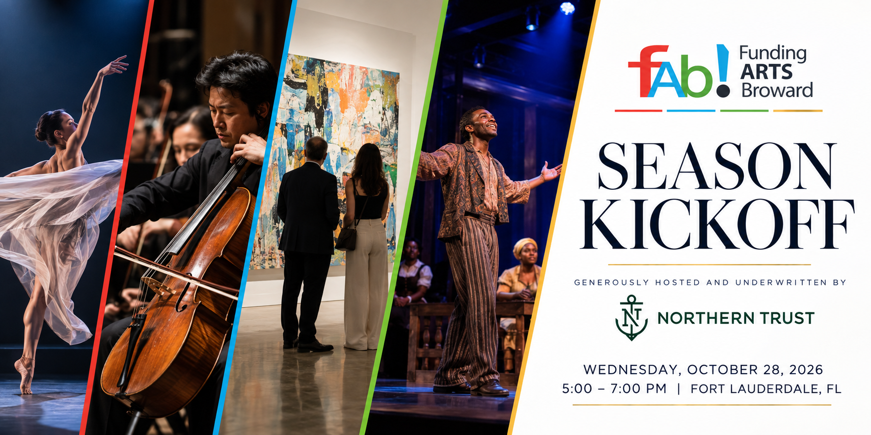 FAB Season Kickoff event flyer with images of ballet, musicians, artwork, and a singer. Event is October 28, 2026, 5-7 PM in Fort Lauderdale, FL. Hosted by Northern Trust. South Florida Business & Wealth