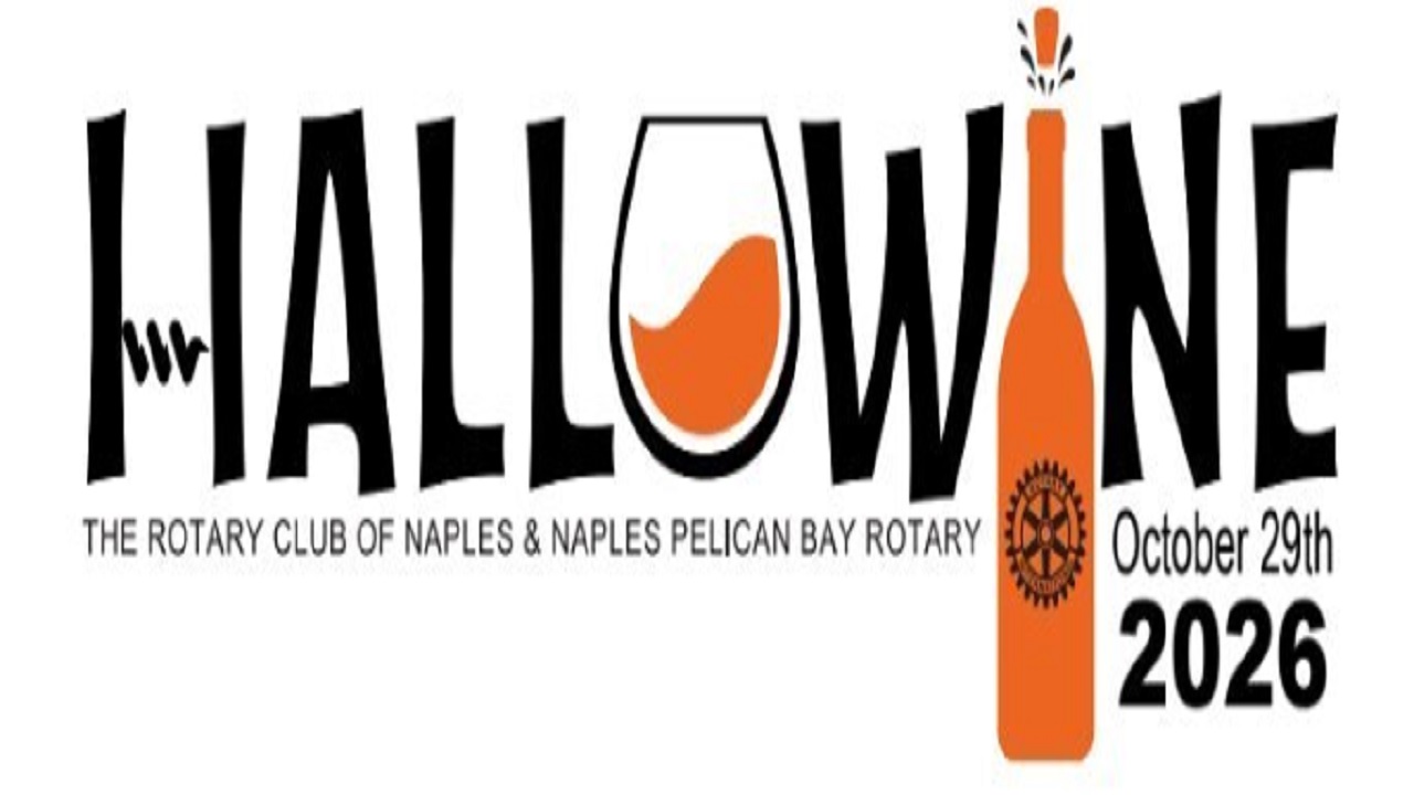 Logo for “Hallowine” with a wine glass for the “O” and a bottle in place of the “I” in “WINE”. Event by the Rotary Club of Naples on October 29, 2026. South Florida Business & Wealth