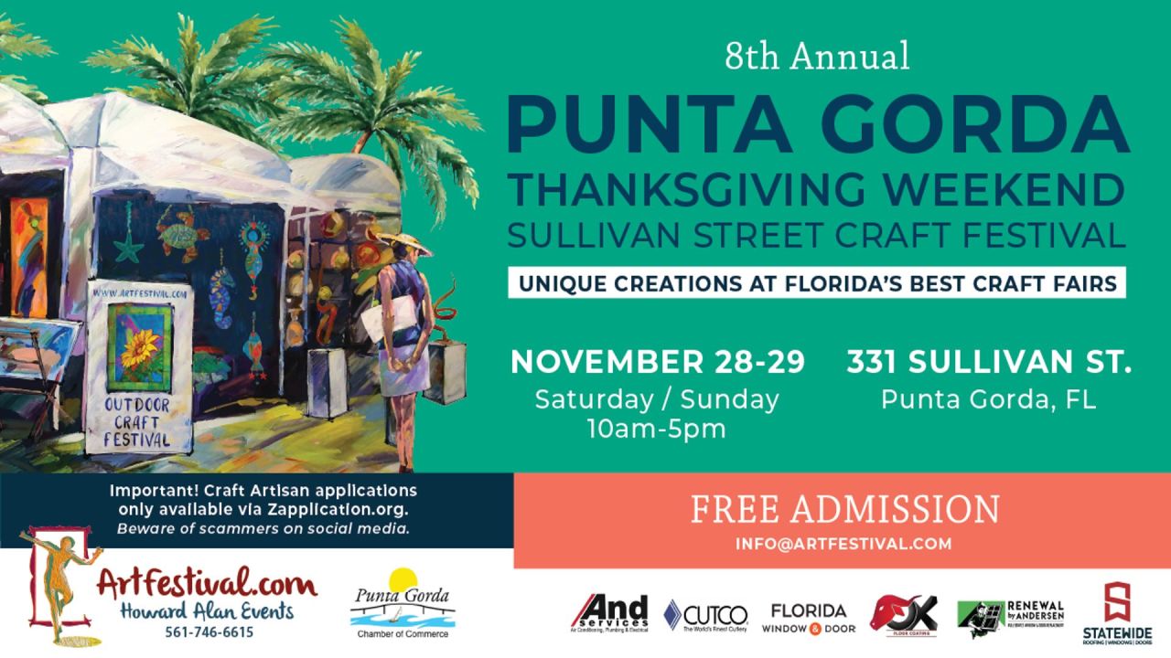 Poster for the 8th Annual Punta Gorda Sullivan Street Craft Festival on November 28-29, listing event details, free admission, contact information, and sponsor logos. South Florida Business & Wealth