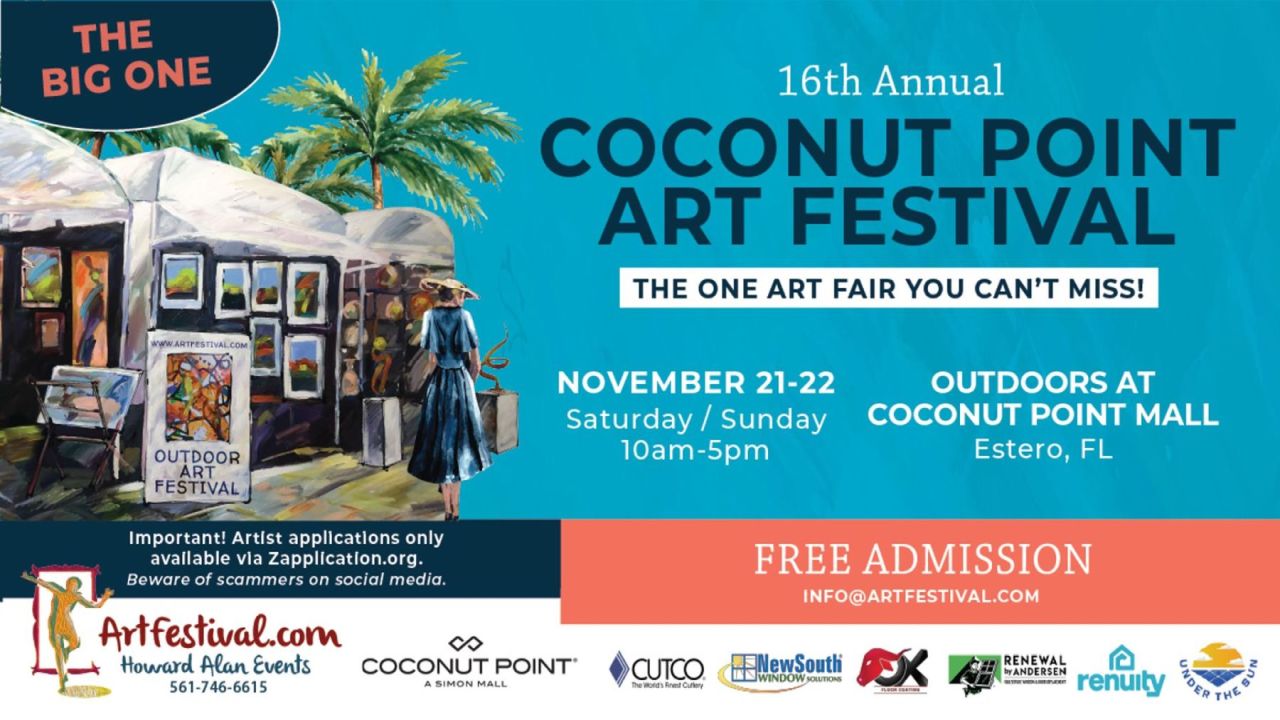Poster for the 16th Annual Coconut Point Art Festival, held November 21-22 at Coconut Point Mall in Estero, FL, featuring free admission and artist application details. South Florida Business & Wealth