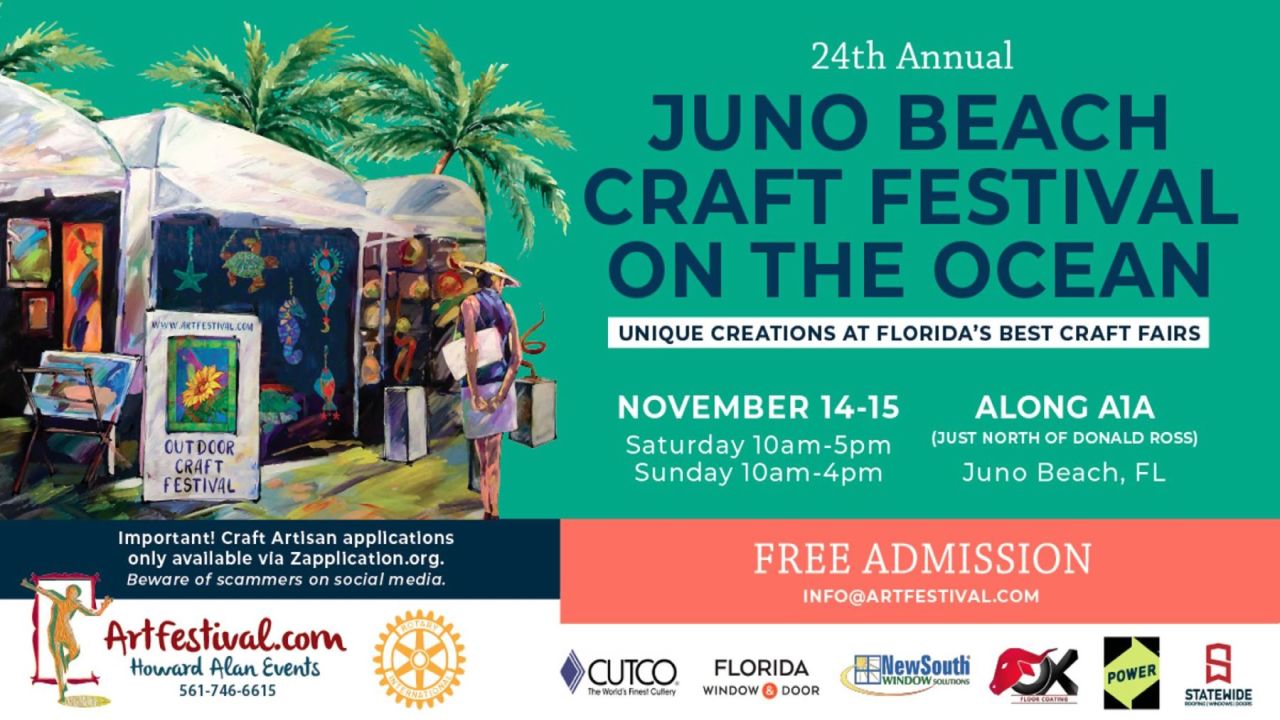 Poster for the 24th annual Juno Beach Craft Festival on the Ocean, held November 14–15 on A1A in Juno Beach, Florida, featuring event details, contact information, and sponsor logos. South Florida Business & Wealth