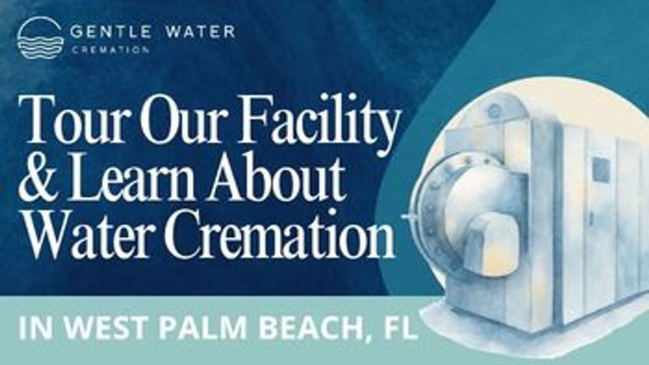 Gentle Water Cremation promotional graphic reading, “Tour Our Facility & Learn About Water Cremation” in West Palm Beach, FL, featuring an illustration of cremation equipment. South Florida Business & Wealth