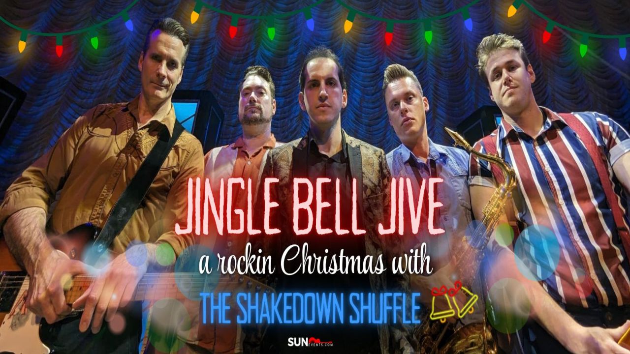 Five-piece band The Shakedown Shuffle posing on a stage decorated with holiday lights for their “Jingle Bell Jive” Christmas concert. South Florida Business & Wealth