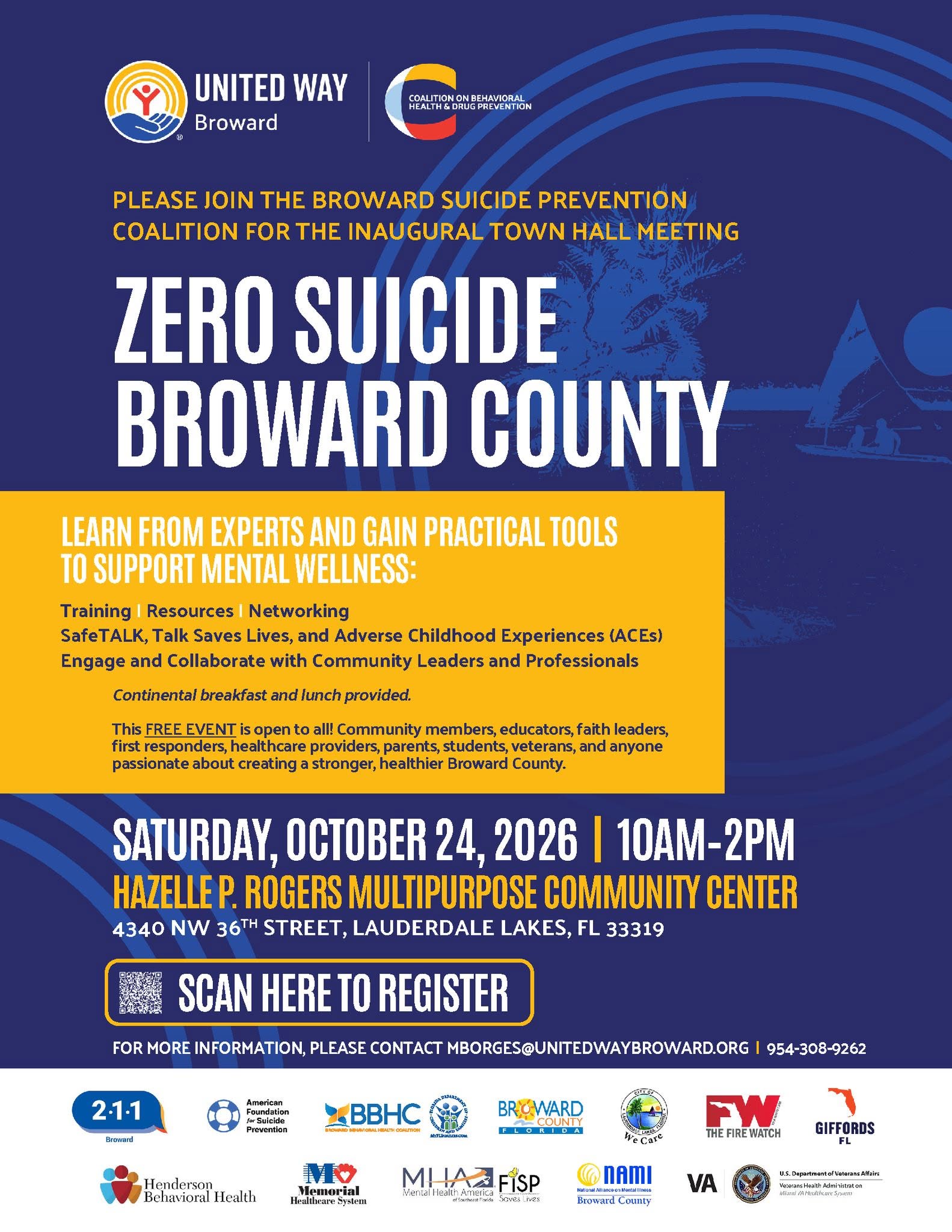 Flyer for the Zero Suicide Broward County town hall meeting on October 24, 2026, at the Hazelle P. Rogers Multipurpose Community Center, including a QR code for registration and a list of supporting organizations. South Florida Business & Wealth