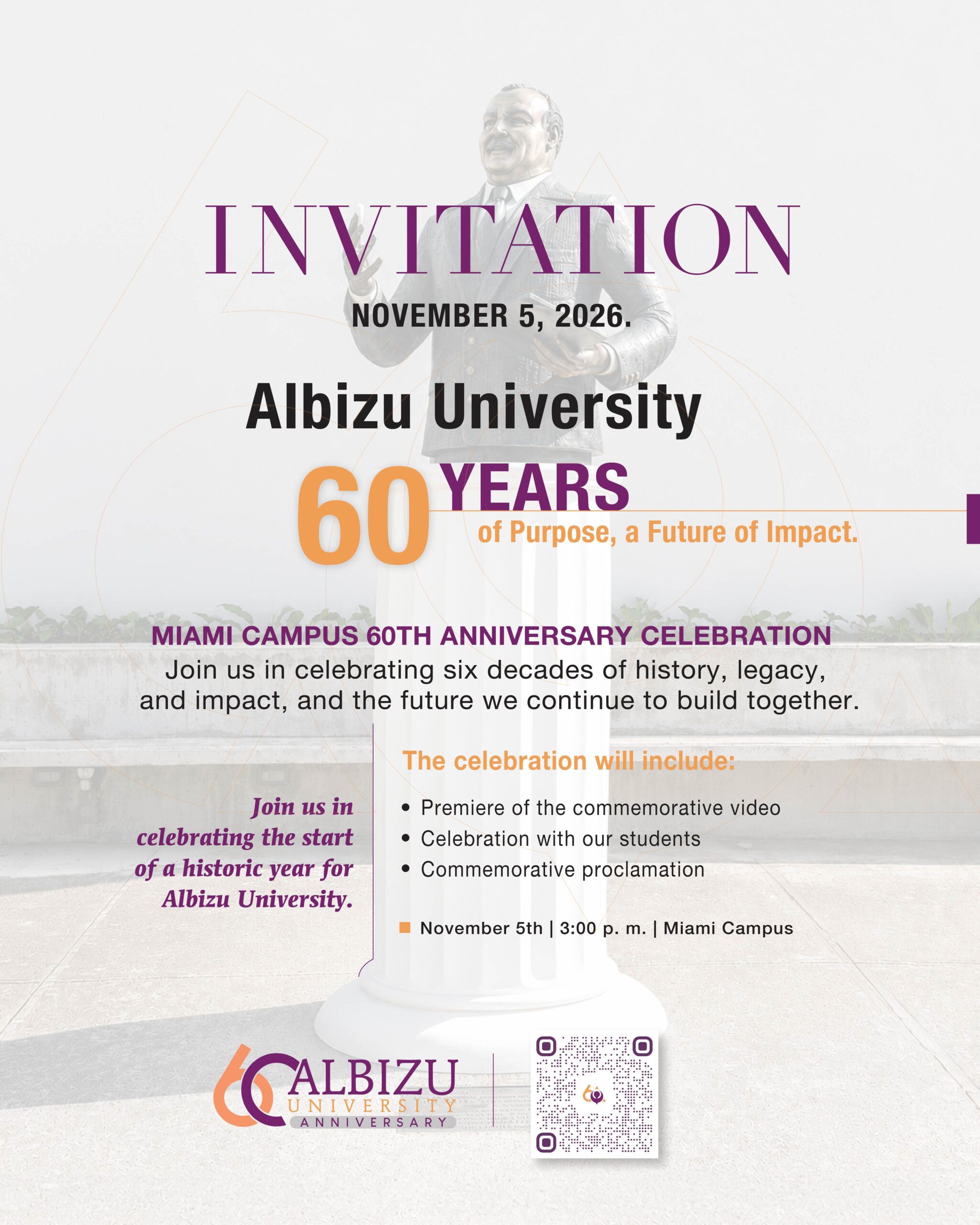 Invitation for the Albizu University Miami campus 60th anniversary celebration on November 5, 2026, at 3:00 p.m., featuring a commemorative video, student celebration, and proclamation. South Florida Business & Wealth