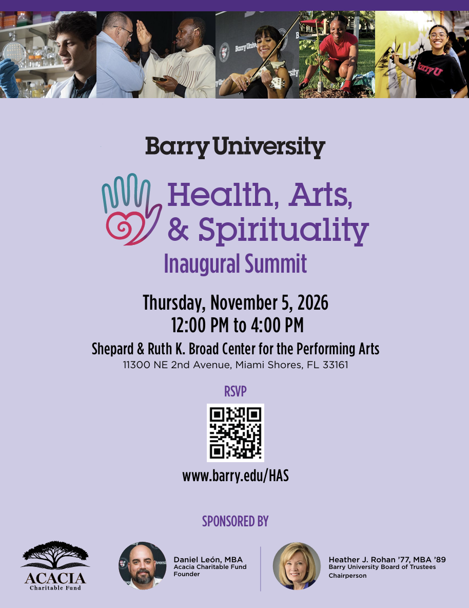 Event flyer for the Barry University Health, Arts & Spirituality Inaugural Summit on November 5, 2026, at the Shepard & Ruth K. Broad Center for the Performing Arts, including an RSVP QR code and sponsor information. South Florida Business & Wealth
