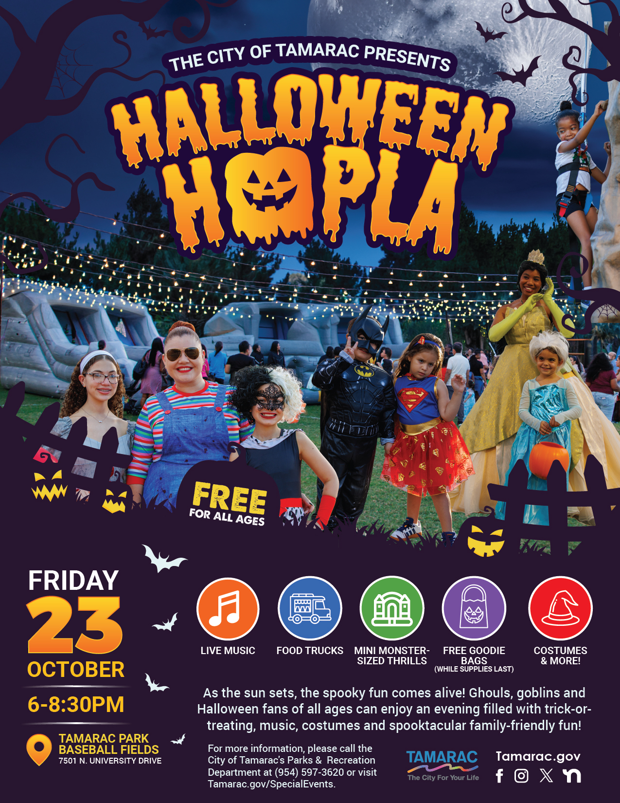Colorful poster for a Halloween event with kids and adults in costumes, pumpkins, bats, and cobwebs. Event info: Halloween Hoopla, Oct 23, 6-8:30pm, Tamarac Park. Activities include music, food trucks, games, and trick-or-treating. South Florida Business & Wealth