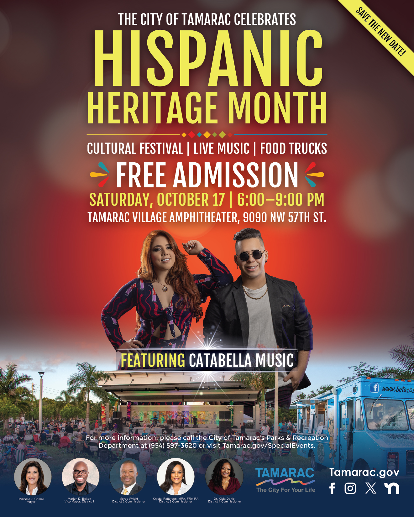 Poster for The City of Tamarac Hispanic Heritage Month celebration on Saturday, October 17, featuring a performance by Catabella Music at the Tamarac Village Amphitheater. South Florida Business & Wealth
