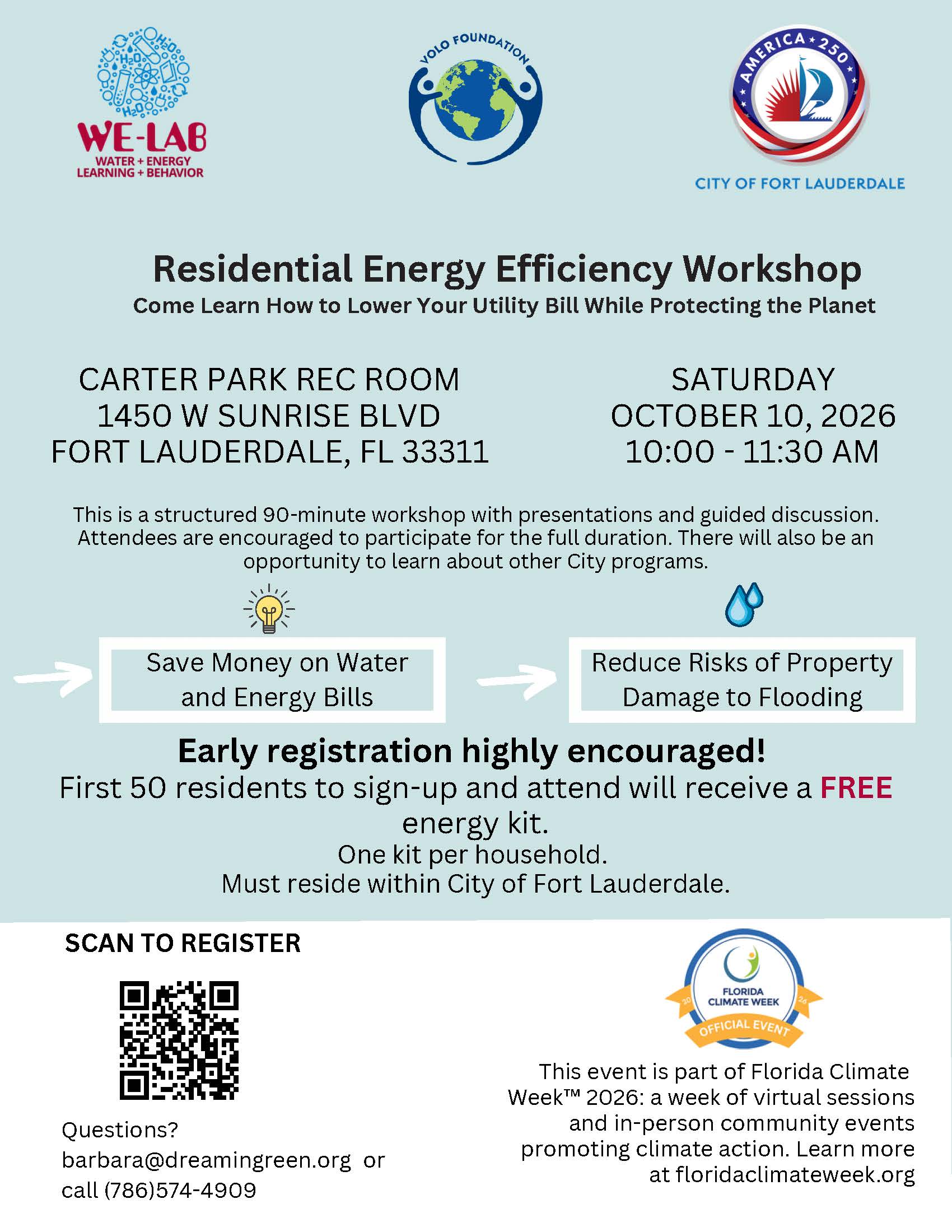 Flyer for a Residential Energy Efficiency Workshop in Fort Lauderdale on October 10, 2026, including event details, registration information, and contact email and phone number. South Florida Business & Wealth