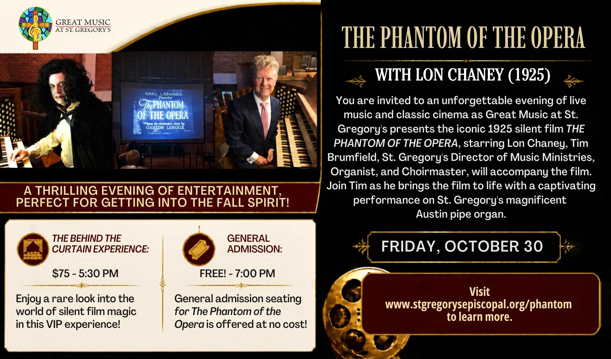 Event flyer for The Phantom of the Opera with Lon Chaney, featuring live organ accompaniment by Tim Brumfield on Friday, October 30, with details on VIP and general admission tickets at St. Gregory’s. South Florida Business & Wealth