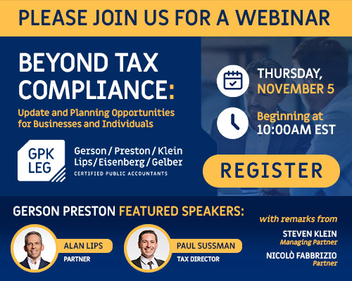 Webinar invite: “Beyond Tax Compliance” for businesses and individuals, Nov 5 at 10:00 AM EST. Features speakers Alan Lips and Paul Sussman, with remarks from Steven Klein and Nicolò Fabbrizzio. Register button included. South Florida Business & Wealth