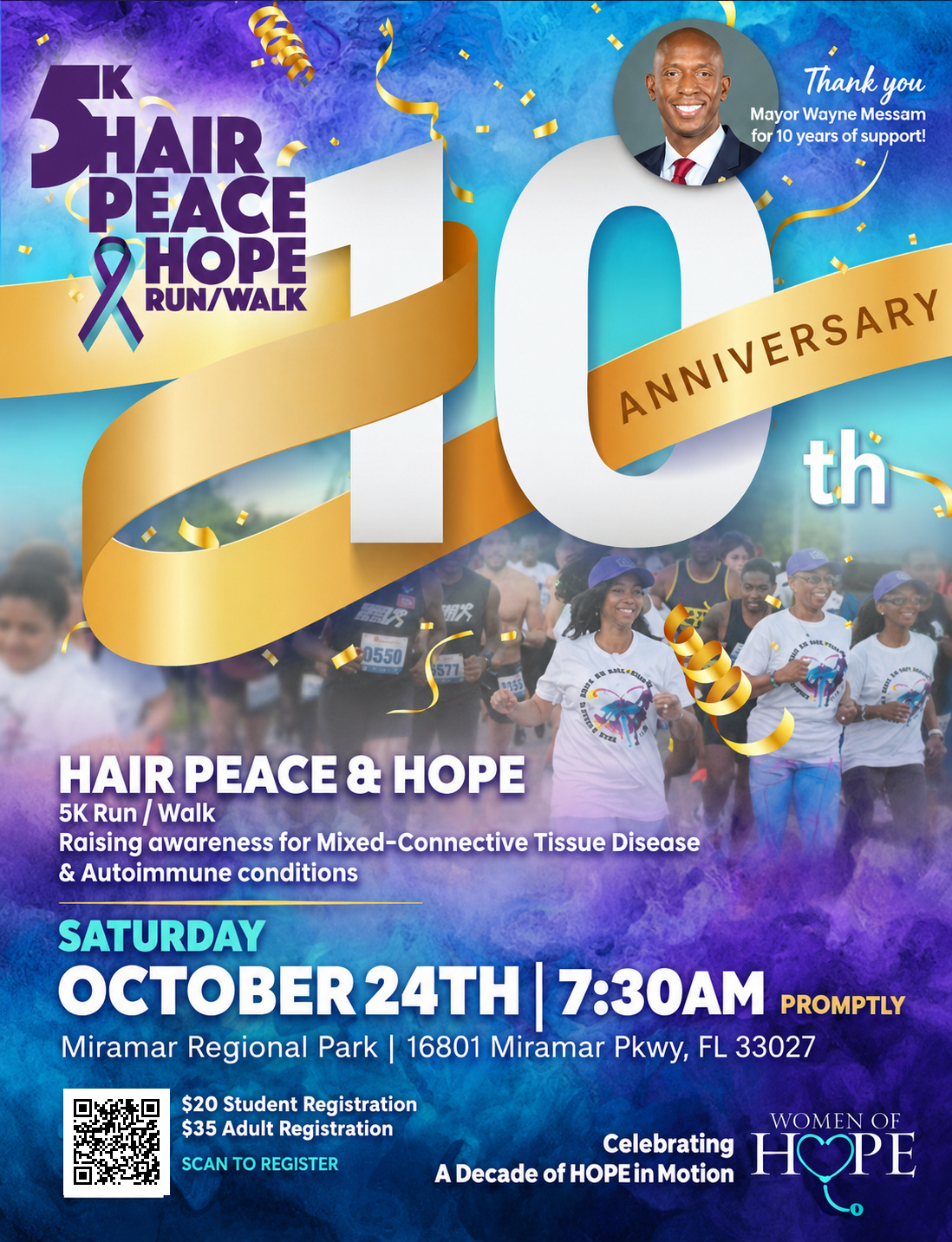 10th anniversary flyer for Hair Peace & Hope 5K Run/Walk on October 24th at Miramar Regional Park, raising awareness for connective tissue disease and autoimmune conditions, with event details and sponsor logos. South Florida Business & Wealth