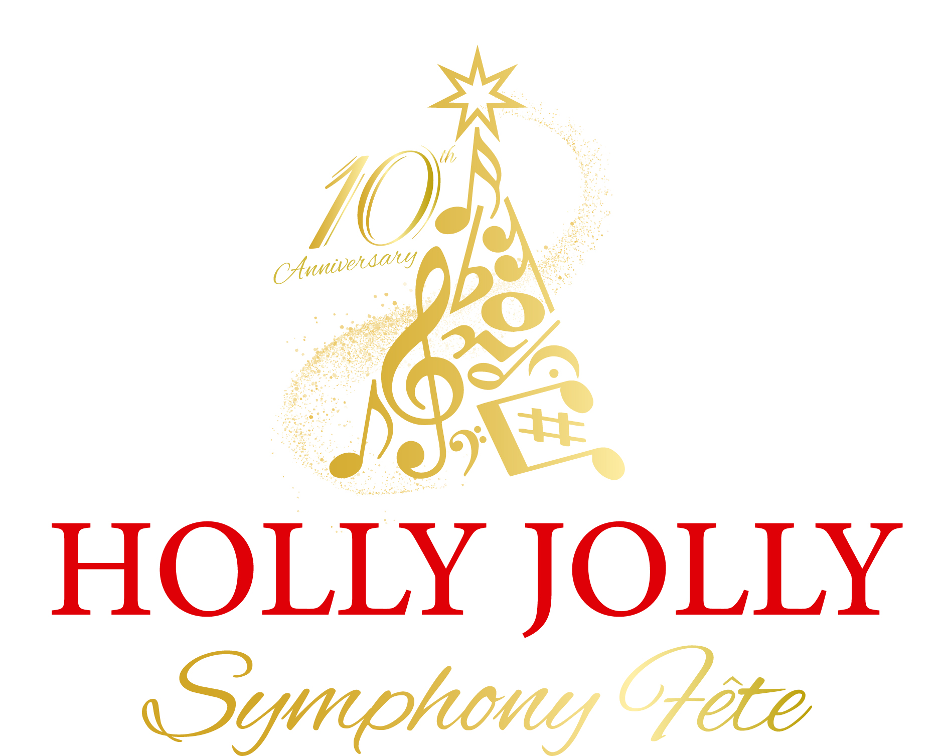 Logo for the 10th Anniversary Holly Jolly Symphony Fete, featuring a Christmas tree shape made of gold musical symbols topped with a star. South Florida Business & Wealth
