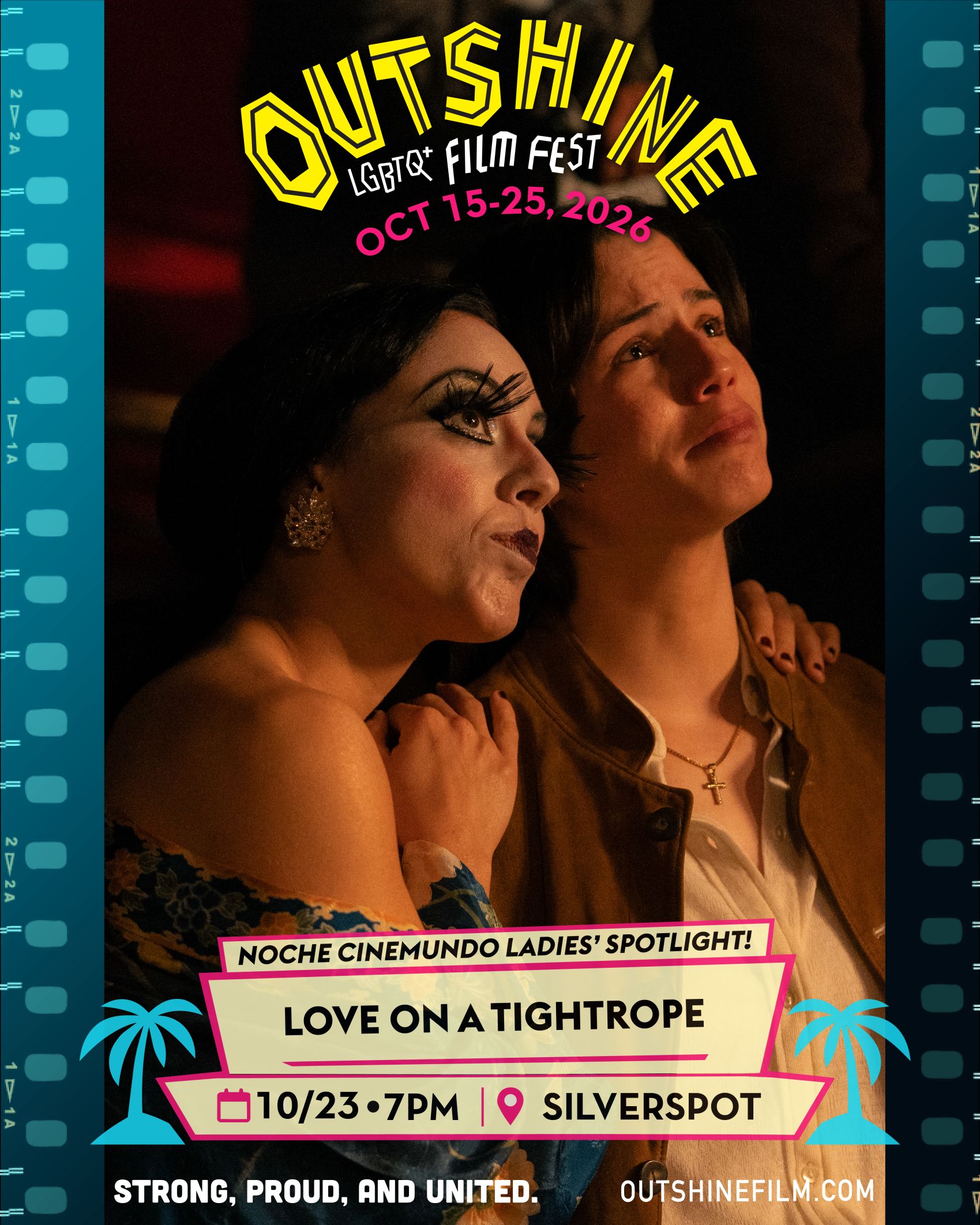 Two people sit close in a theater, one in dramatic stage makeup leaning on the other. Text promotes “Outshine LGBTQ+ Film Fest” with a screening of “Love on a Tightrope” on October 23rd at 7pm at Silverspot. South Florida Business & Wealth
